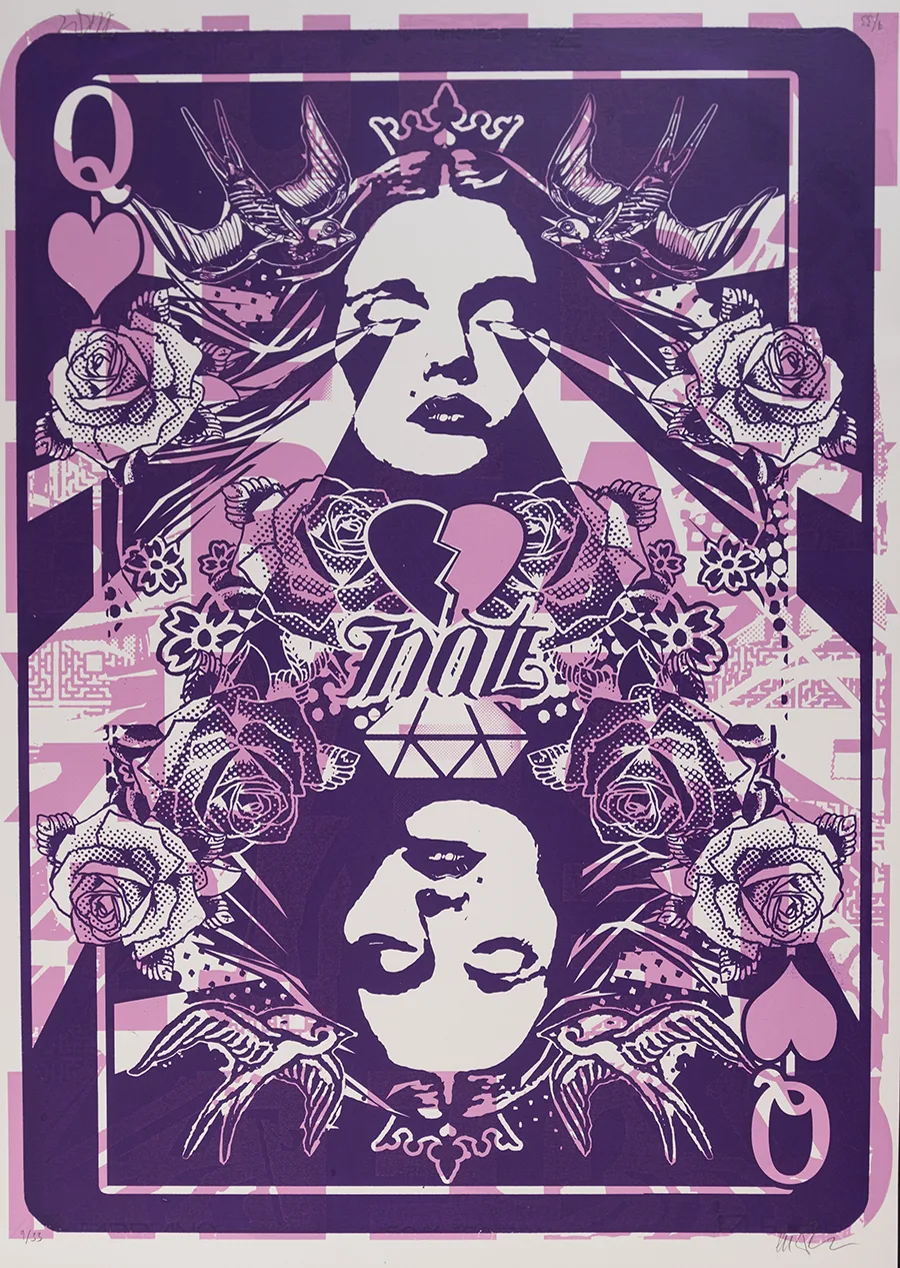 Queen of Broken Hearts by Copyright, pink and purple two-colour screen print.
