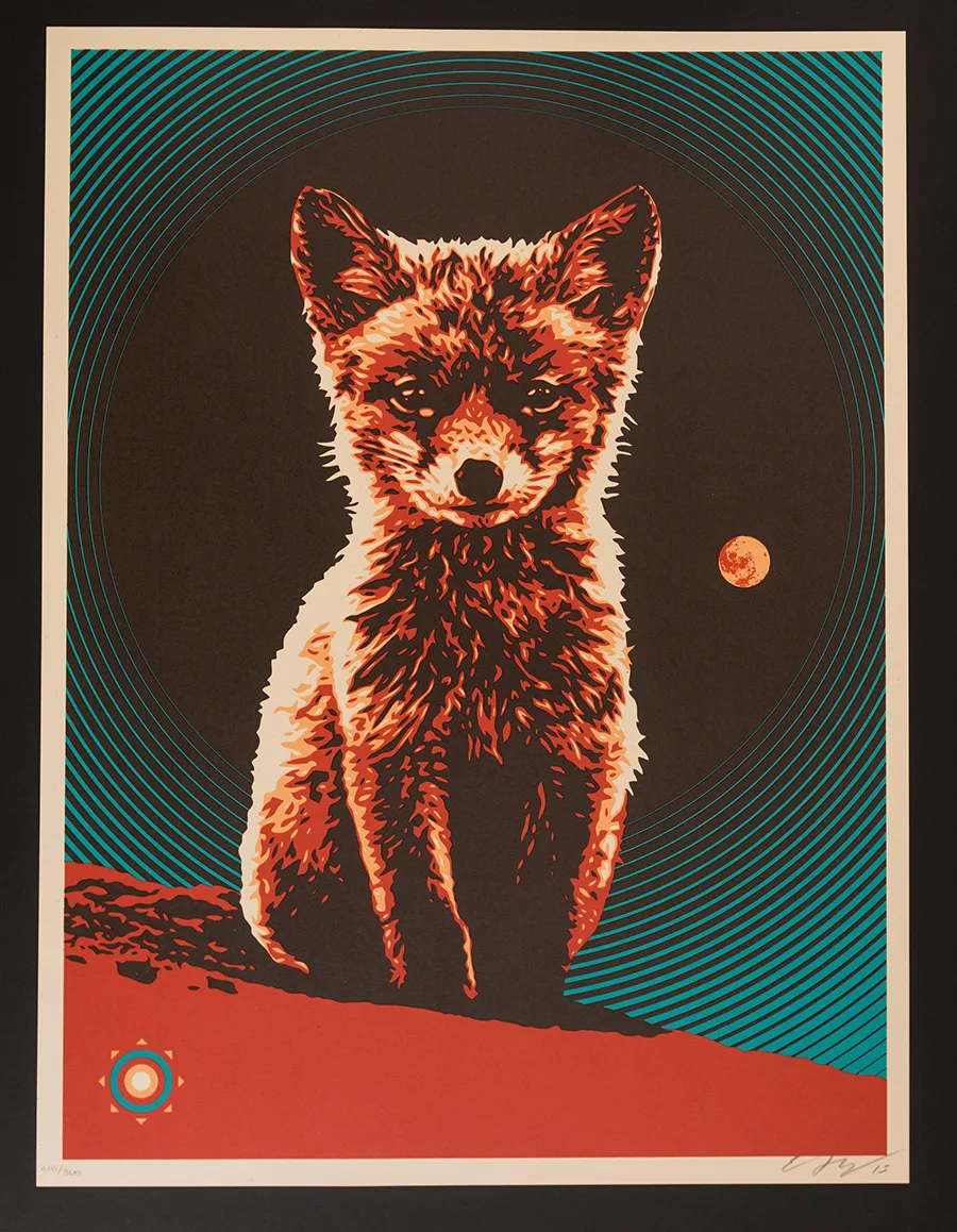 Lunar Fox by Ernesto Yerena Montejano — a fox and moon in cut, layered colour.