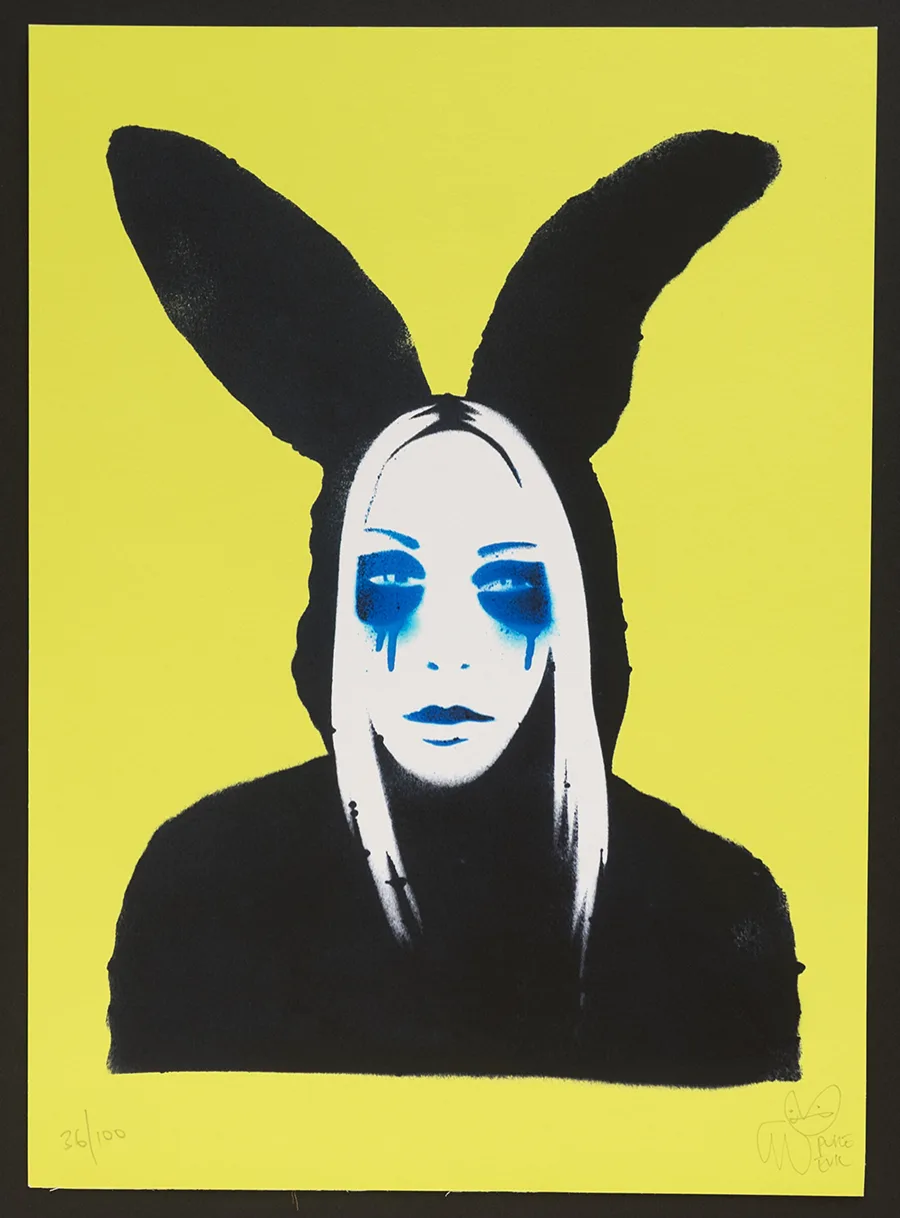 Bunny Girl on yellow by Pure Evil — a portrait with the artist’s signature dripping eye.
